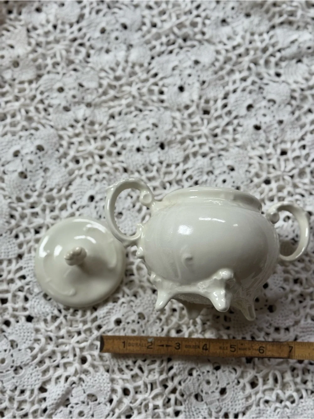 Vintage Cream Porcelain Sugar Bowl with Lid and Handles